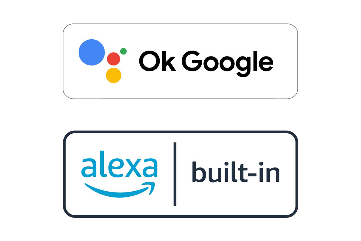 Image of a Ok Google logo and a Alexa built-in logo